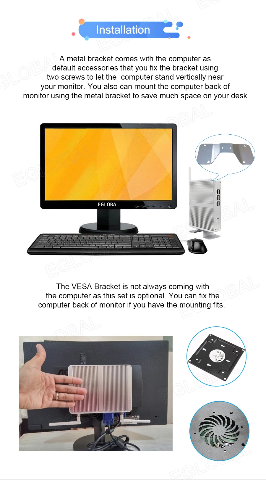Eglobal дешевые безвентиляторные Мини ПК Windows 10 Pro Intel i5 7200U i3 7100U i7 4500U DDR4/DDR3 Barebone компьютер 4 K HTPC WiFi HDMI VGA