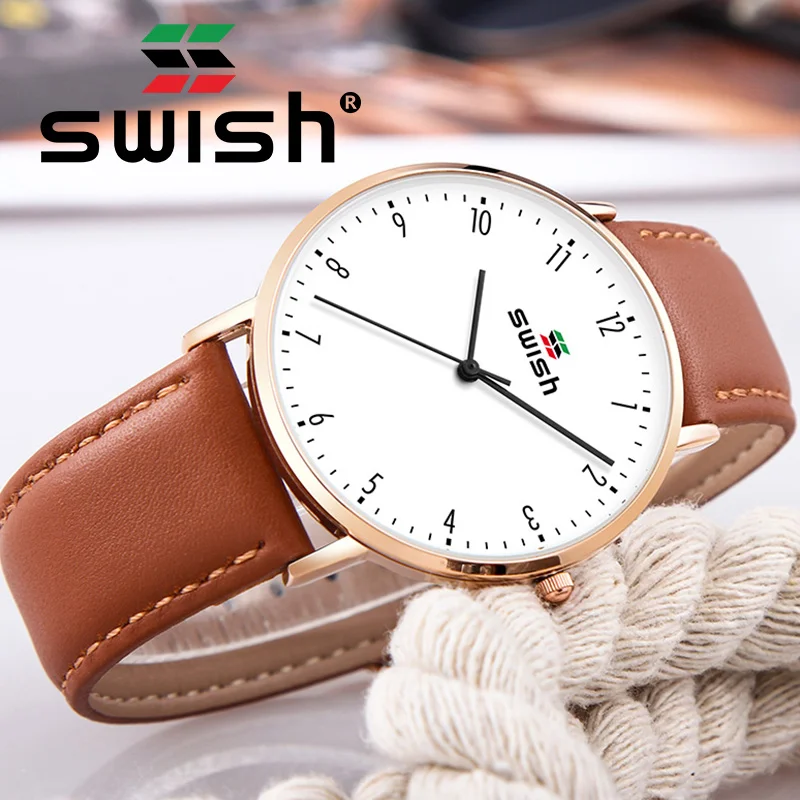 Часы SWISH мужские с кожаным ремешком ультратонкие водонепроницаемые в стиле