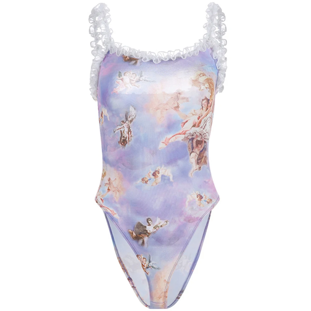 Женское боди с открытой спиной пикантное на бретелях принтом в виде Купидона и