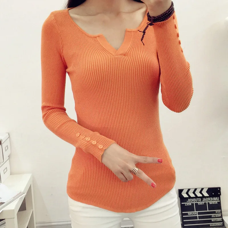 2020 New Winter Women Knitted Tops Low Cut O-Neck Slim Full Sleeves Button Pullovers Solid Sweater Female | Женская одежда