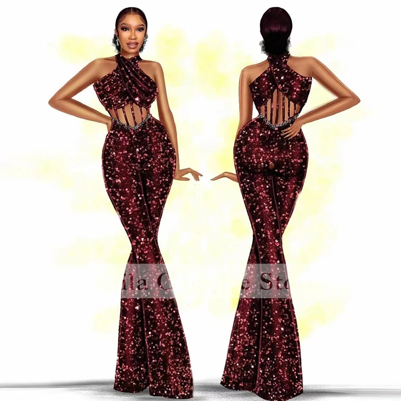 Фото Пикантные вечерние костюмы с лямкой на шее Aso Ebi, бордовые вечерние костюмы с юбкой-годе, блестками и бахромой, вечерние платья для второго пр... №2