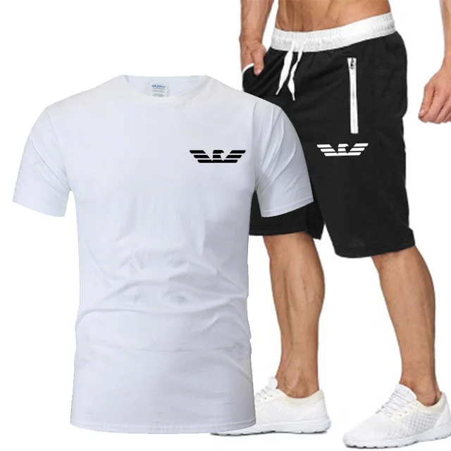 

New suit zipper pocket sports pants cover men's casual wear fitness running clothes sports shorts + T-shirt men two-piece suit.