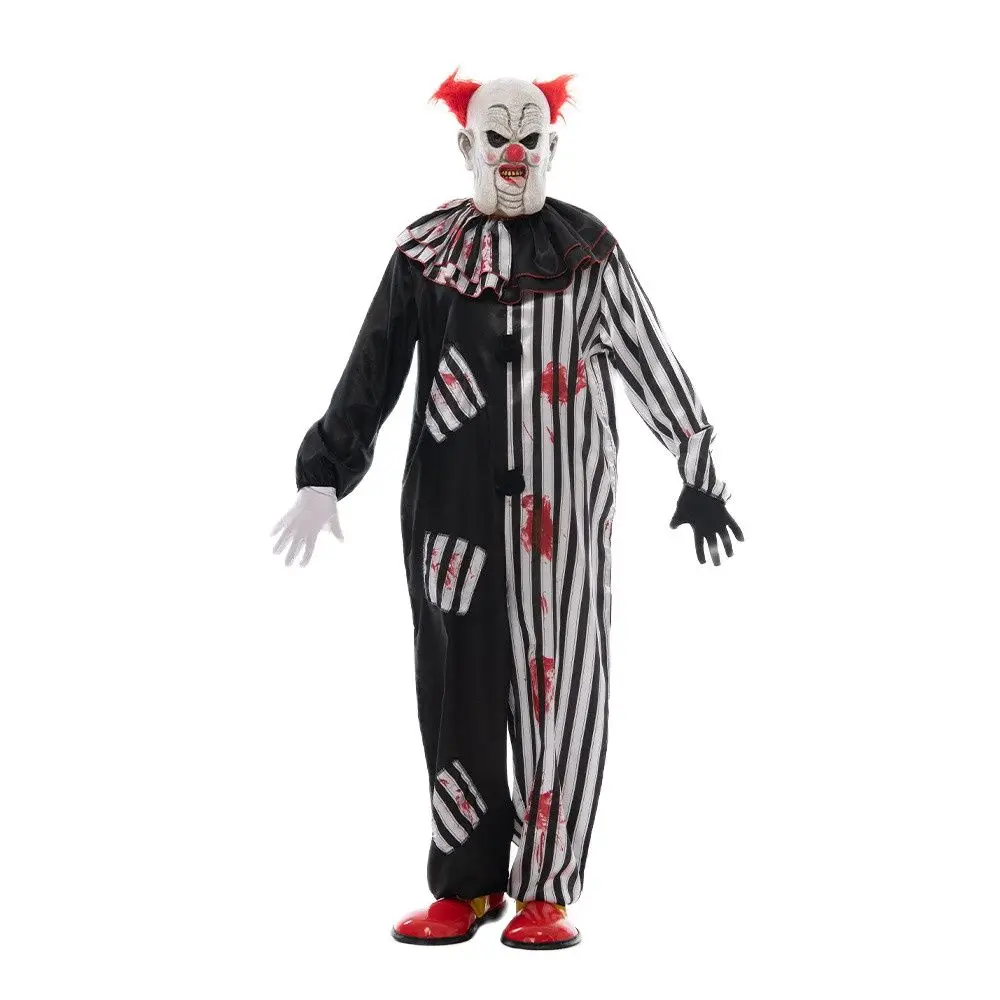 

Creepy Clown Costume For Men Halloween Bloody Circus Clown Jumpsuit Jester Role Play Fancy Dress Adult Scary Masks