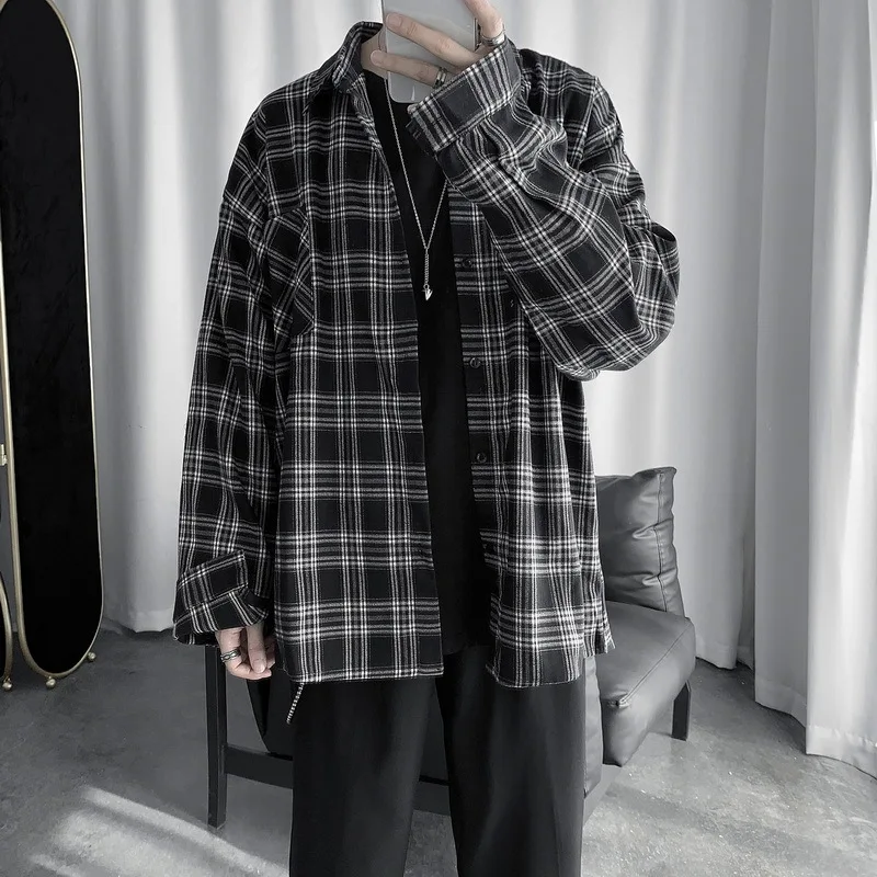 

Casual Long Sleeve Plaid Shirt Fashion Korean Style Men Clothing Hip Hop Kpop Clothes 202 Ulzzang Hawaiian Shirt Male Black Tops