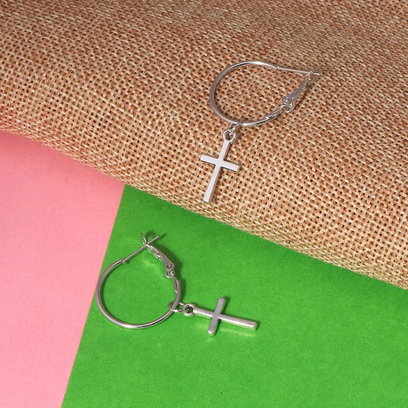 

Tenande Vintage Punk Big Statement Silver Color Circle Dangle Earrings Cross Drop Earrings for Women Birthday Party Gifts