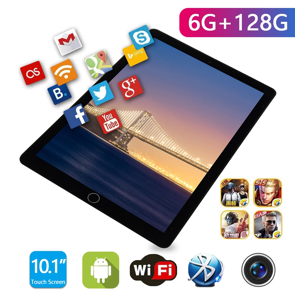 Планшет 4G SIM Wi Fi 10 1 дюйма Android 8 0 GPS Bluetooth ядер 1960 × 1080 IPS HD экран 6 ГБ ОЗУ 128 Гб ПЗУ