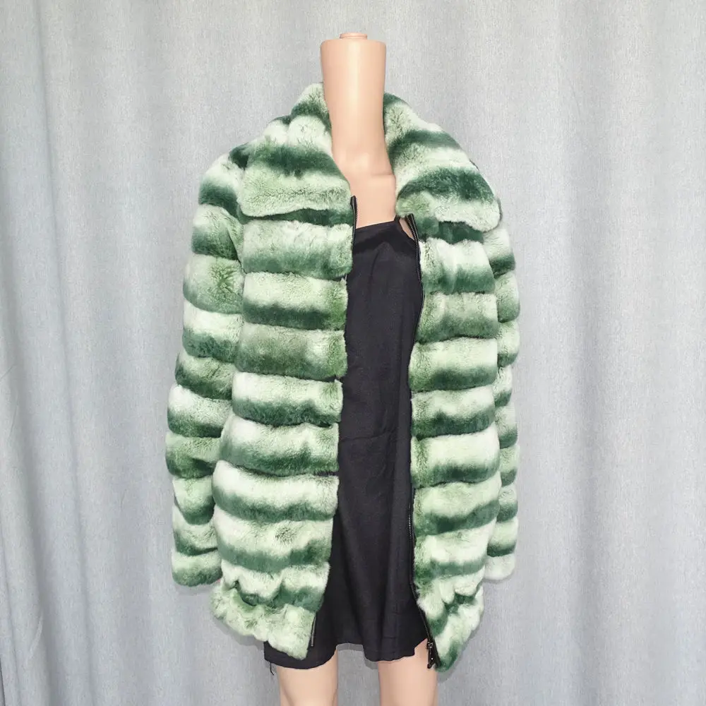 Зеленая шуба из натурального меха кролика рекс | Женская одежда