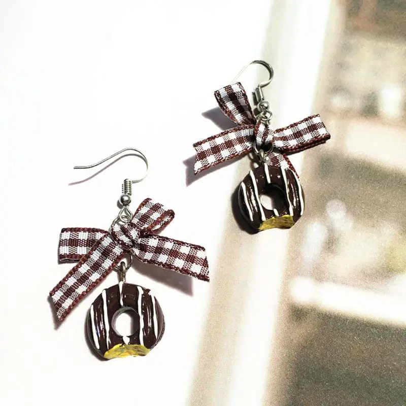 

1 Pair Creative Cute Mini Chocolate Donuts Bow Earrings Minimalism Cartoon Design Female Ear Hooks Danglers Jewelry Gift