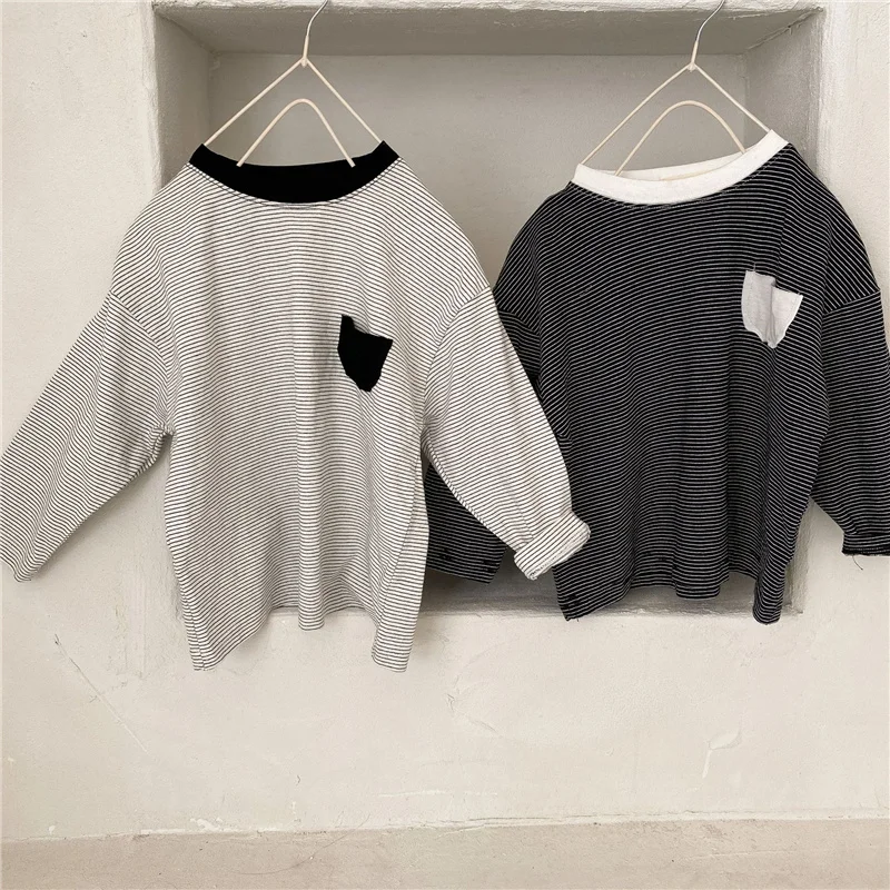 

Korean style Spring 2021 cotton striped long sleeve t-shirts kids boys girls fashion patchwork pocket Tee Tops