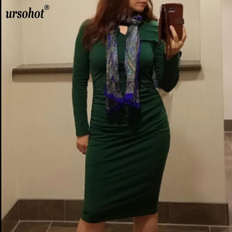 Ursohot осеннее офисное Женское Платье облегающее зимнее платье с длинным рукавом