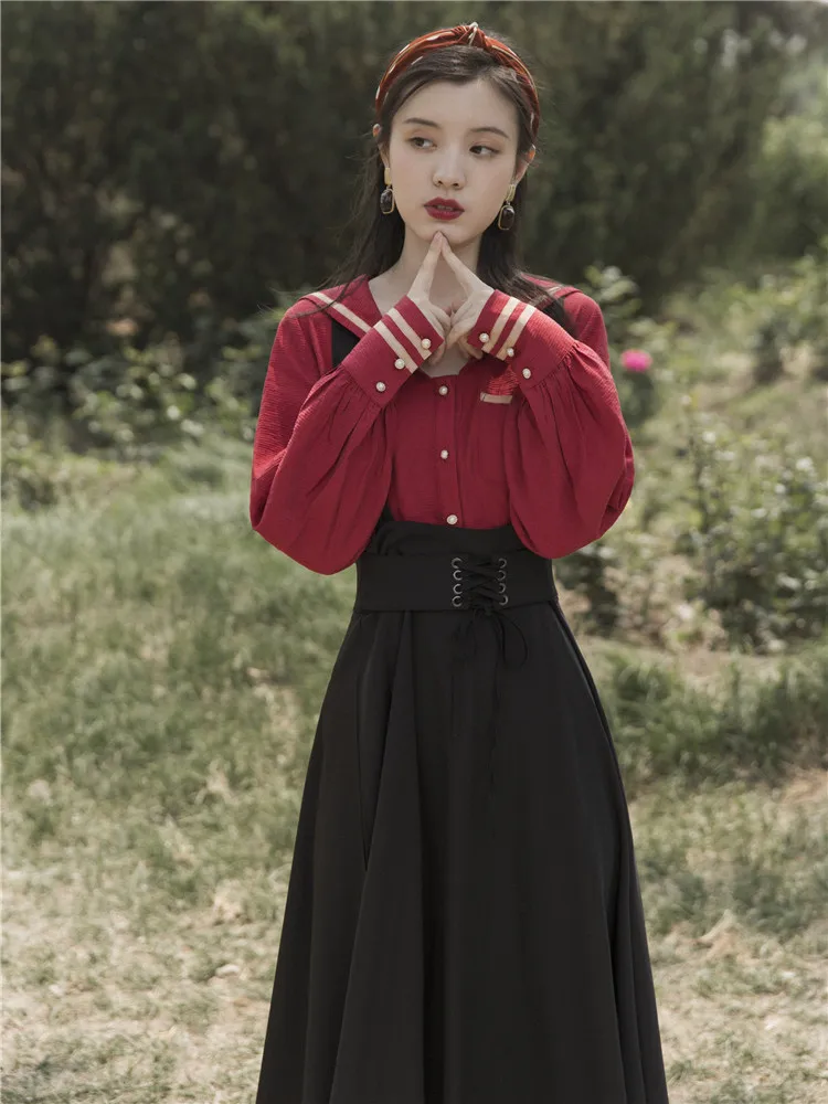 shirt and skirt Винтажный Женский комплект, милый матросский воротник, Бургундия и черная юбка на бретелях для элегантной леди, костюмы из двух предметов, Vestidos Faldas - Цвет: shirt and skirt