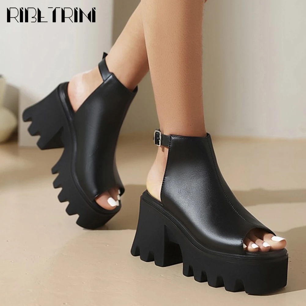 

RIBETRINI Big Size 45 On Sale Open Toe Chunky Heels Buckle Strappy Goth Cool women's Sandals Black Leisure Casual Punk Shoes