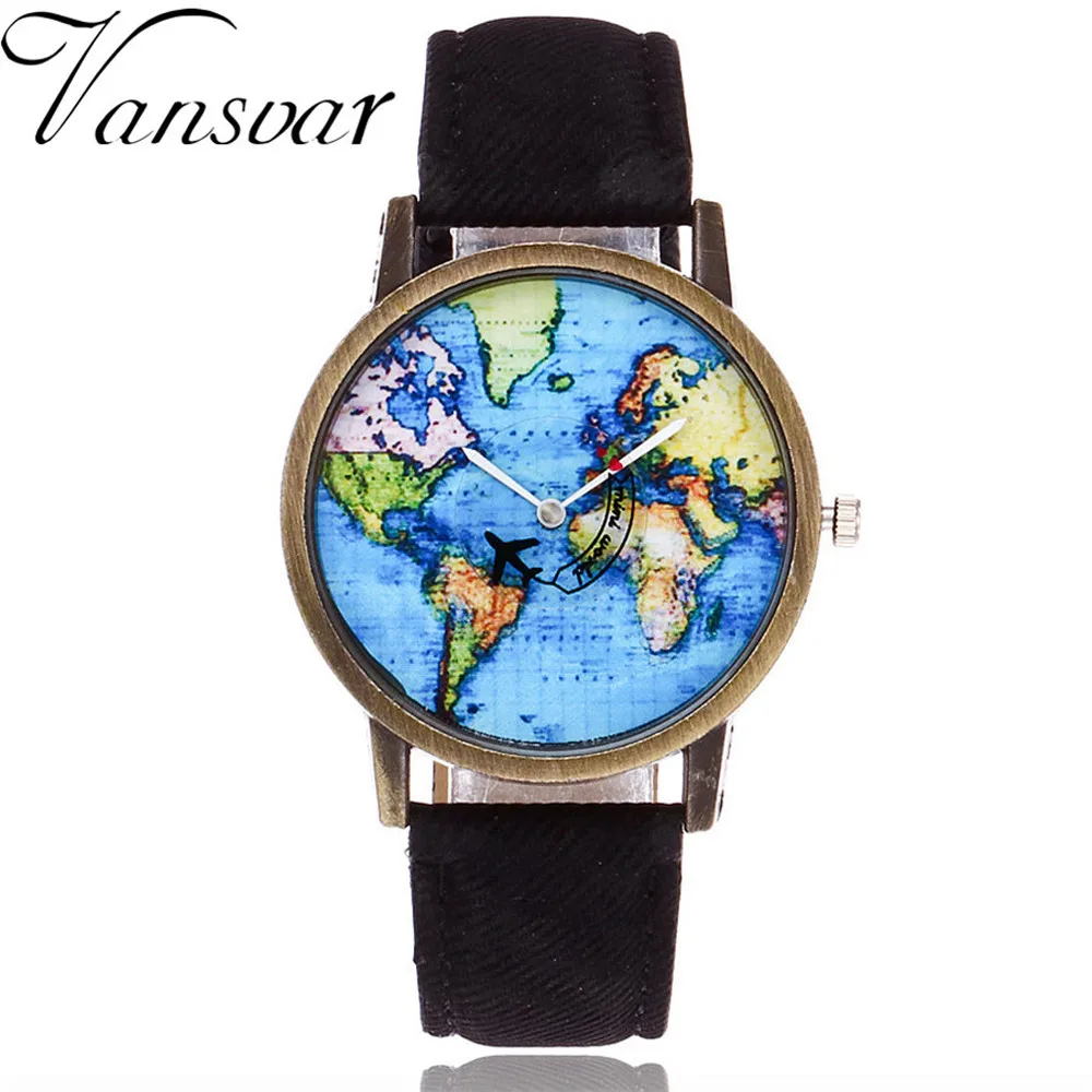 

New Ladies Trend Wrist watches Fashion Global Travel By Plane Map Dial Analog Clock Women Dress watch Denim Fabric Band Relogio