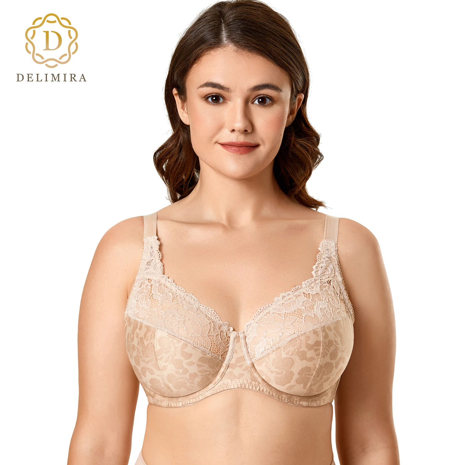 DELIMIRA Women's Beauty Floral Lace Non Padded Minimizer Bra Full Figure Underwire Plus Size