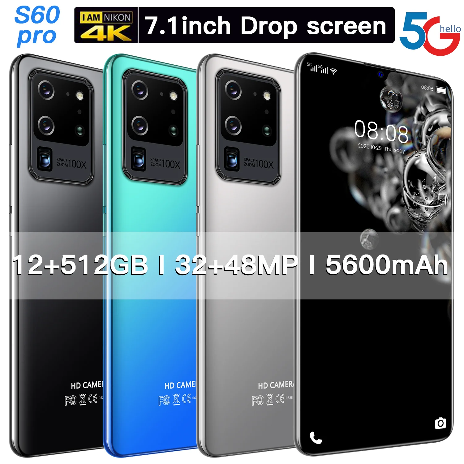 

Global edition S60PRO Android10 12-512GB large MEMORY 5G 5600 mah 7.1-inch large screen MTK6889M 10 Core fashion smartphone