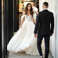 a line bohemian wedding dress 2021 off the shoulder tier beach bridal gowns custom made sweep train wedding dress