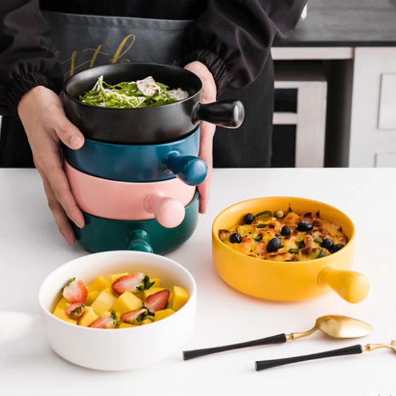 

Breakfast Cereal Fruit Bowl Nordic Ceramic Salad Bowl With Handle Solid Color Dessert Soup Noodle Bowl Microwave Oven Special