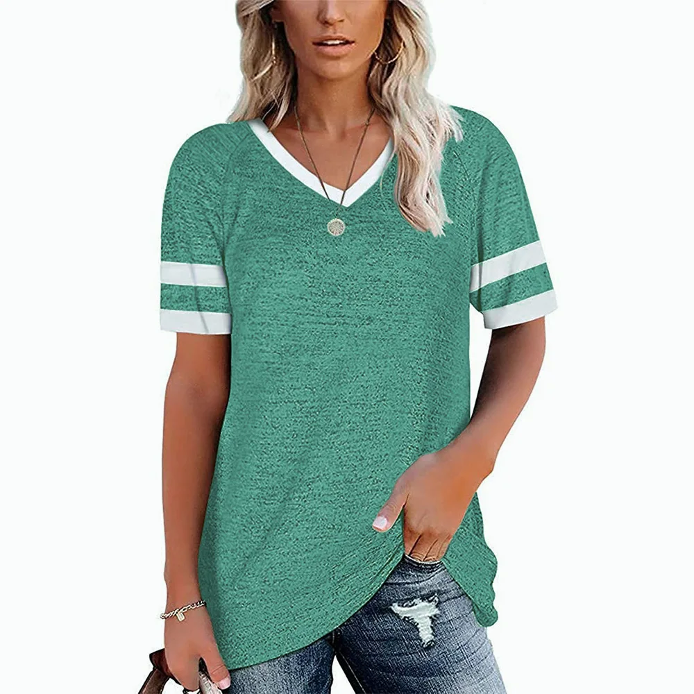

European and American Women's Top New Splicing Sleeve Solid Color Leisure V-neck Short T-shirt