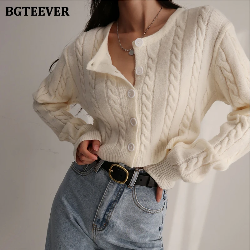

BGTEEVER Vintage Ladies Single-breasted Twisted Striped Sweaters Cardigans 2021 Autumn O-neck Full Sleeve Women Knitted Tops