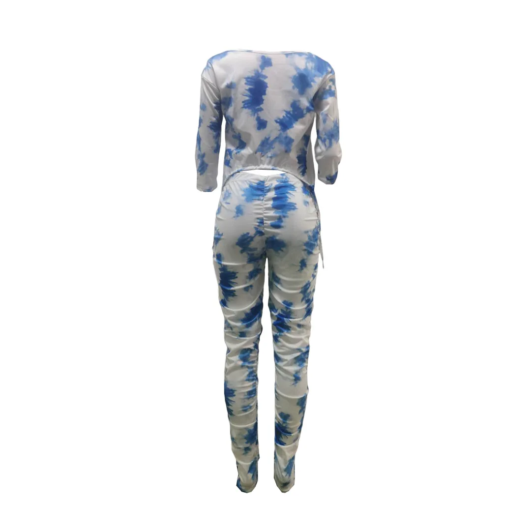 

HAOOHU Women Tie Dye Print Two Piece Set Off Shoulder Crop Tops Stacked Bell Bottom Flare Jogger Suit Tracksuit Matching Set