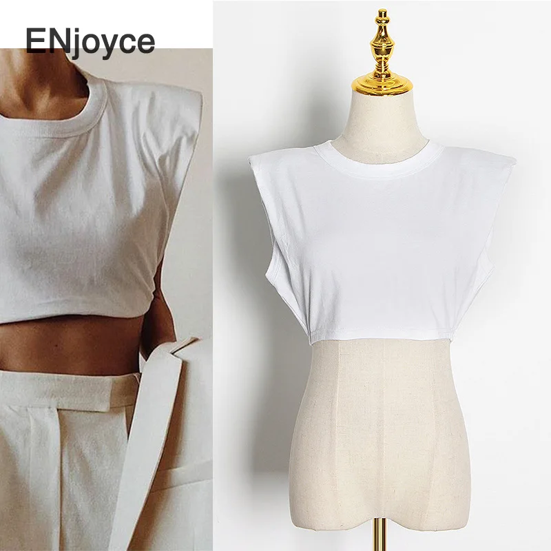 

Women Fashion Solid Cotton Shoulder pad T-shirt Vintage O-Neck Sleeveless Cropped Tops Casual Girls Streetwear Summer 2021