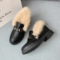metal chains leather flats winter loafers women shoes winter warm mules celebrity fur flat creepers soft heel moccasins mujer