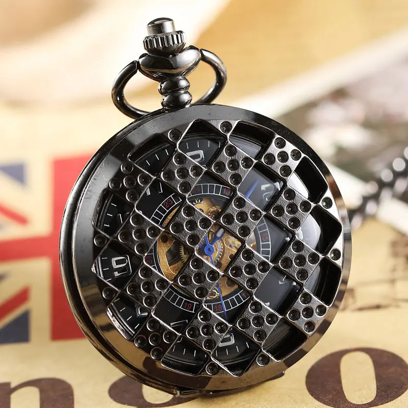 Mechanical Hand-winding Pocket Watch Men Flip Black Hollow Case Fob Chain Necklace Clock Mens Watch Gift Box reloj de bolsillo