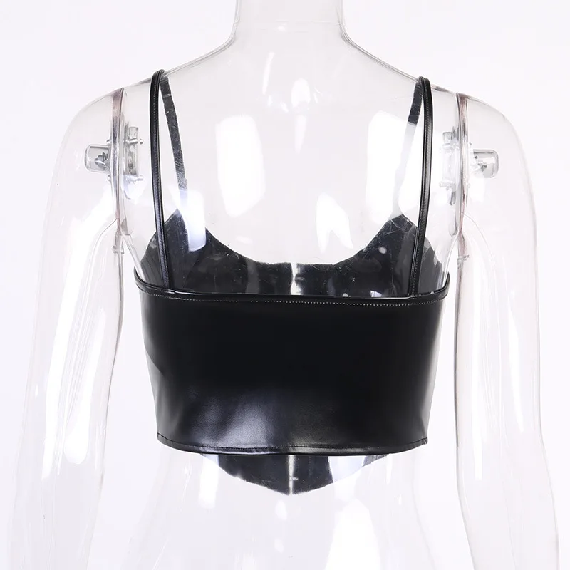 

Summer Women Sexy Breasted Style Crop Corset Punk Fashion Backless Solid Colors Crop Tops Pu Leather U-Neck Cropped Tank Tops