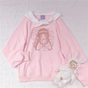 Мори девушка милый матросский воротник свободные толстовки японская мягкая сестра студент Kawaii аниме девушка печатных пуловер Bestie Толстовка