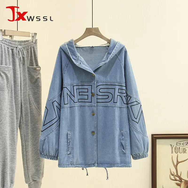 

Puls Size Hooded Denim Jacket Women Spring Autumn Korean Letter Embroidery Loose Jeans Jackets INS Tide Oversize Coat Female