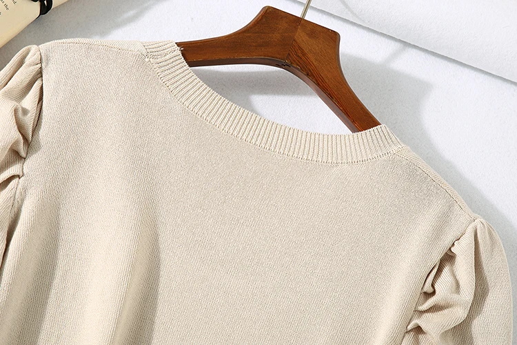 

Return Women Sweater to Work Palace Style/Ice Silk Texture Low Neck Pullover Knit Rib Collar Puff Sleeves