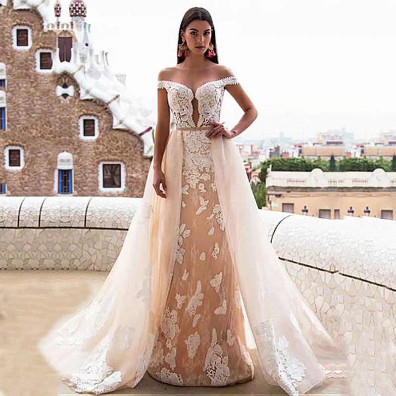 

YILIBERE Mermaid wedding dress retro champagne one shoulder wedding gown embroidery butterfly lace backless big skirt