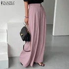 Женские широкие брюки ZANZEA 2021, кафтан, плиссированные брюки, повседневные длинные брюки с высокой талией, Женские однотонные брюки большого размера с принтом репы