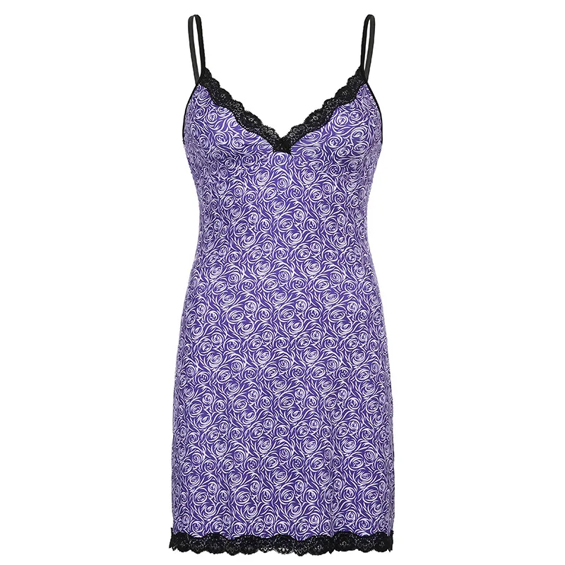 

y2k Dress Women Fashion Floral Lace y2k egirl Aesthetic Clothes Sexy Deep V-Neck Backless Mini Party Women's Summer Dress 2021