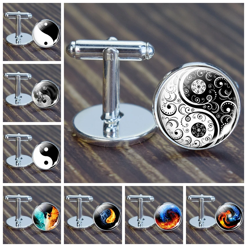 

Ice and Fire Phoenix Cufflinks Glass Cabochon Yinyang Taoism Tai Chi Cuff Links for Husband Grandfather