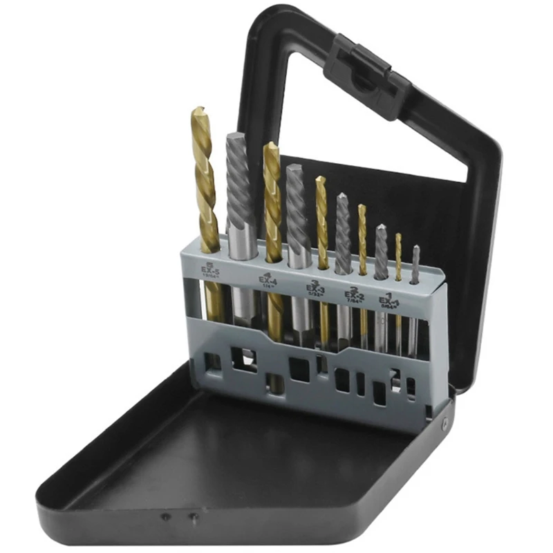 

10-Pieces Damaged Screws Extractor Drill Bit Set Spiral Flute Extractor Kit Broken Bolt Remover