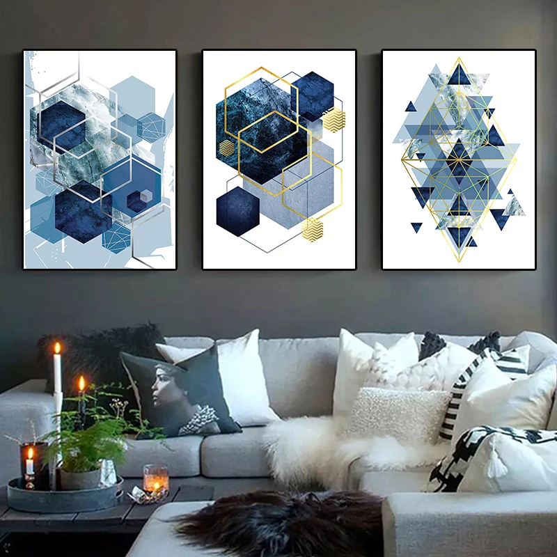 

Triangle Rhombus Blue Stitching Posters Prints Abstract Geometric Canvas Painting Modern Wall Art living Room Home Decoration