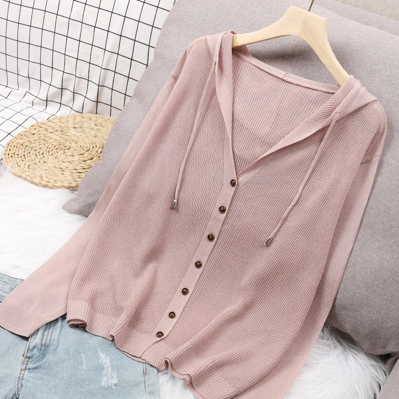 

Long Sleeve Cardigan Women Summer Knitted Cardigan Korean Button Up Hooded Jacket Ice Silk Sweater Thin Sunscreen Tops Chaquetas