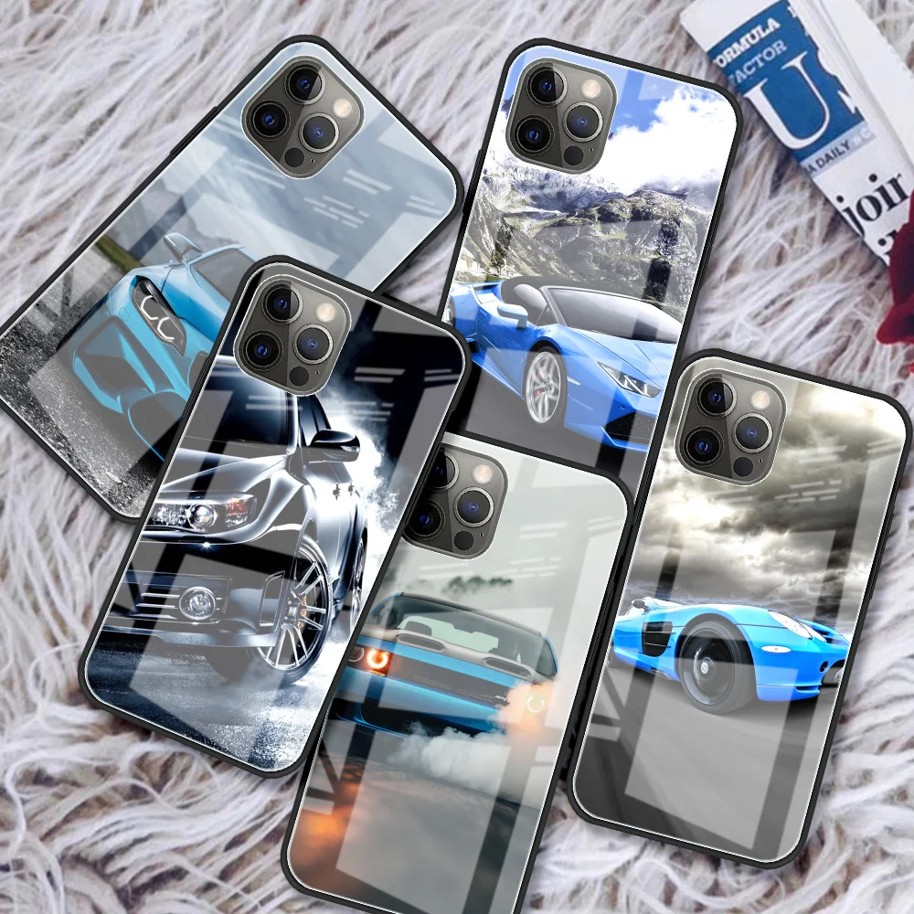 

Glass Case for iPhone 11 7 12 Pro 7 8 XR X 6 6S Plus 5 XS Max SE Tempered Funda Fashion Smartphone Cover Sports Cool Car Man