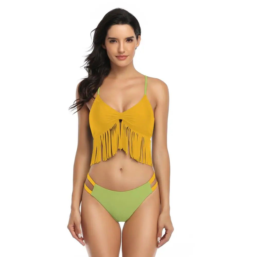 

Tassels Bikinis 2020 Sexy Women Bikini Set Push Up Halter Swimwear High waist Biquinis Frenulum Triangle Bathers Bathing suit