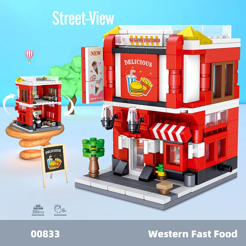 

Building Blocks Street View Chinese Westen Fast Food Coffee Shop Hotpot Pizza Models for kid Wholesale Price Gifts