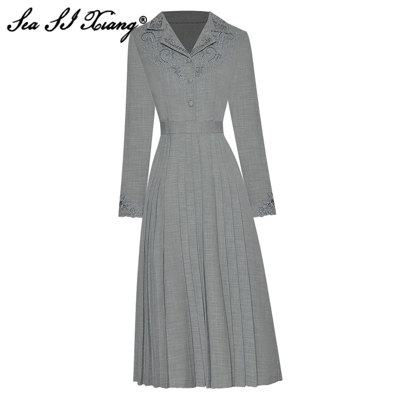 

Seasixiang Fashion Designer Autumn Dress Women Turn-down Collar Long Sleeve Hollow Out Embroidery Solid Office Lady Dresses