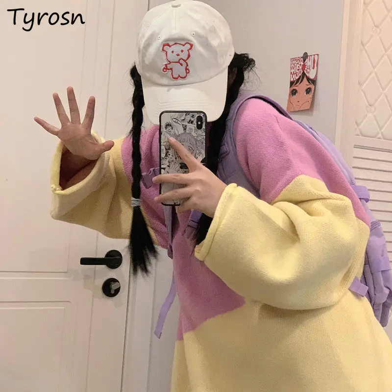 

Women Pullovers Autumn Winter Panelled Loose Korean Style Ulzzang Students Casual Fashion Preppy Vintage Knitted Leisure Chic