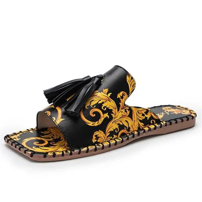 

Summer Women's Handmade Square Head Flat Non-slip Comfortable PU Solid Color Printing Classic Tassel Sandals and Slippers XM208
