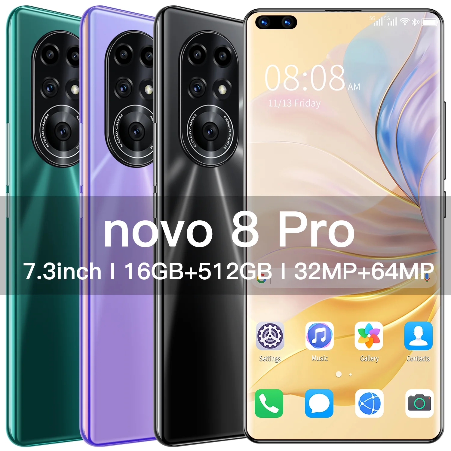 

Global Version Novo 8 Pro 7.3 Inch Deca Core 16GB 512GB 32MP 64MP Smartphone Android 11 Snapdragon 888 6800mAh Mobile Phone