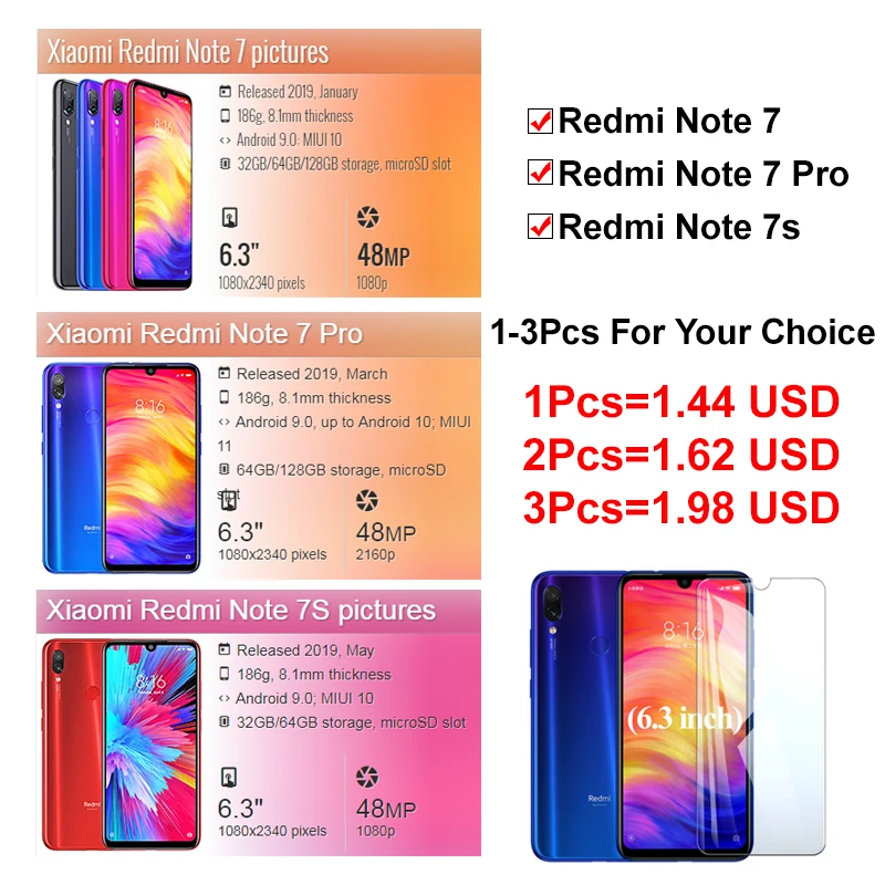 3 шт./лот Защита экрана для Xiaomi Redmi Note 7 Pro защитное стекло Xiomi Redme 7s Note7 S Броня Xiaom Redmii S7 7Pro пленка