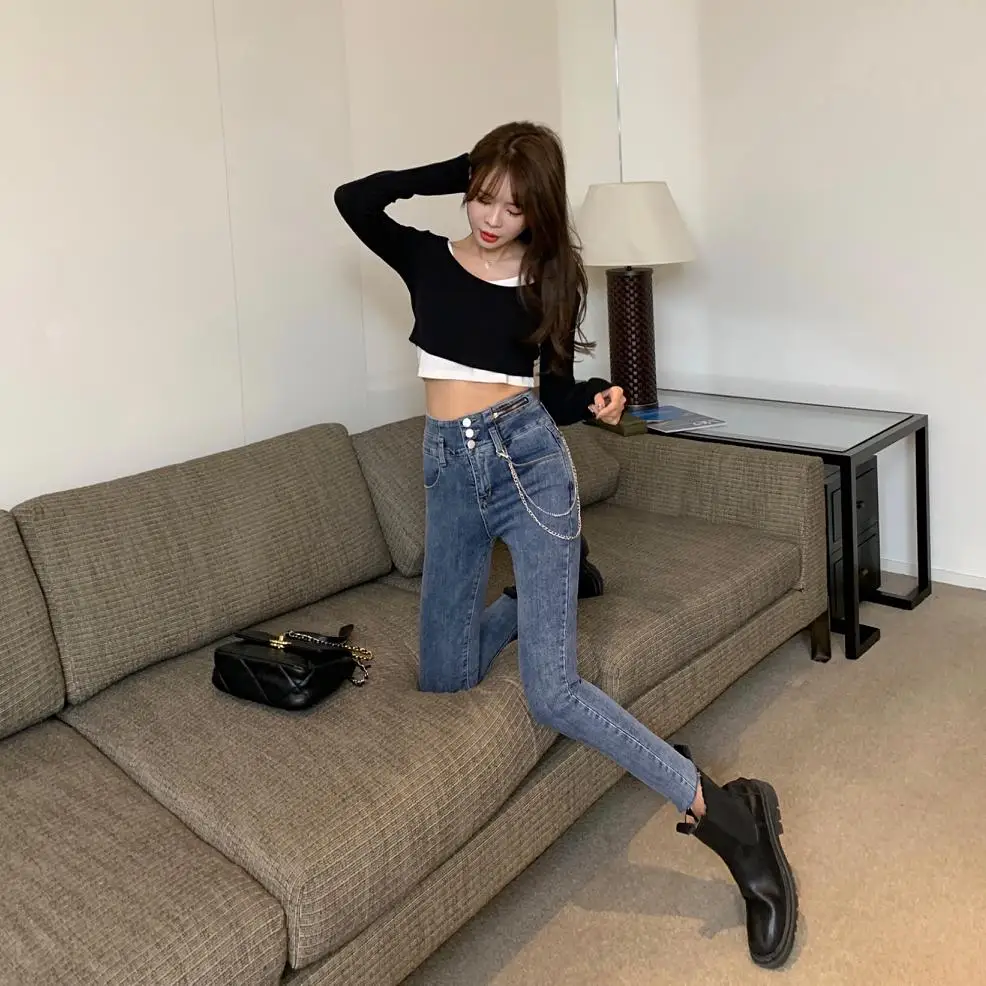 

High-waisted jeans women spring 2021 new tight-fitting slimming light-colored outer wear foot pants harem pants stretch pants