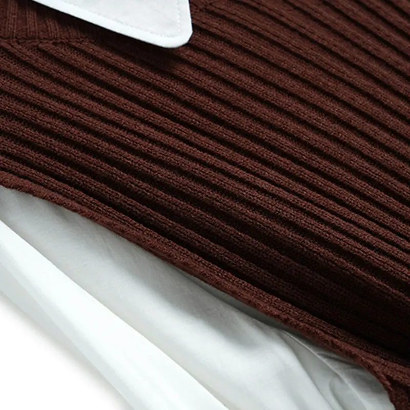 

Women 2020 Fashion Solid Knitted Vest Sweater and White Shirts Vintage Turn-down Collar Sleeveless Side Vents Two Pieces Sets