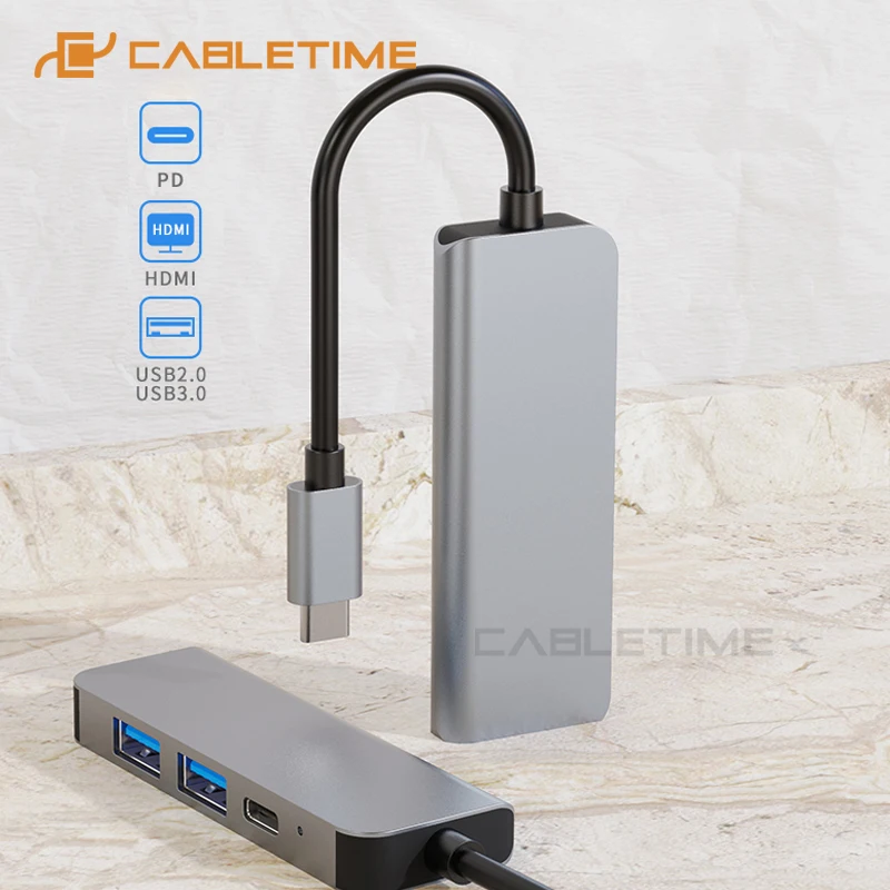 

CABLETIME USB C HUB to HDMI 4K Port PD Charging SD/TF USB 3.0 5Gbps Multi Converter for Laptop U disk Macbook Air Dell H24