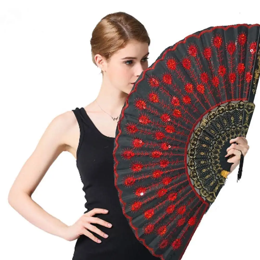 

Beautiful Decorative Fans Plastic Cloth Folding Hand For Party Fan Pattern Flower Style Spanish Held Wedding Dance E0I6